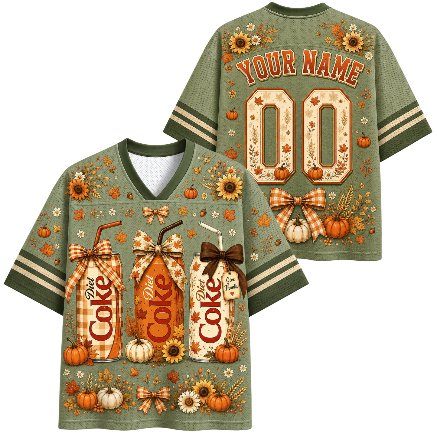 Front and back views of a customizable sage green V-neck t-shirt with a fall harvest theme. The shirt features a graphic print of three 'Dixie Coke' style milk/drink bottles, pumpkins, sunflowers, and plaid bows.