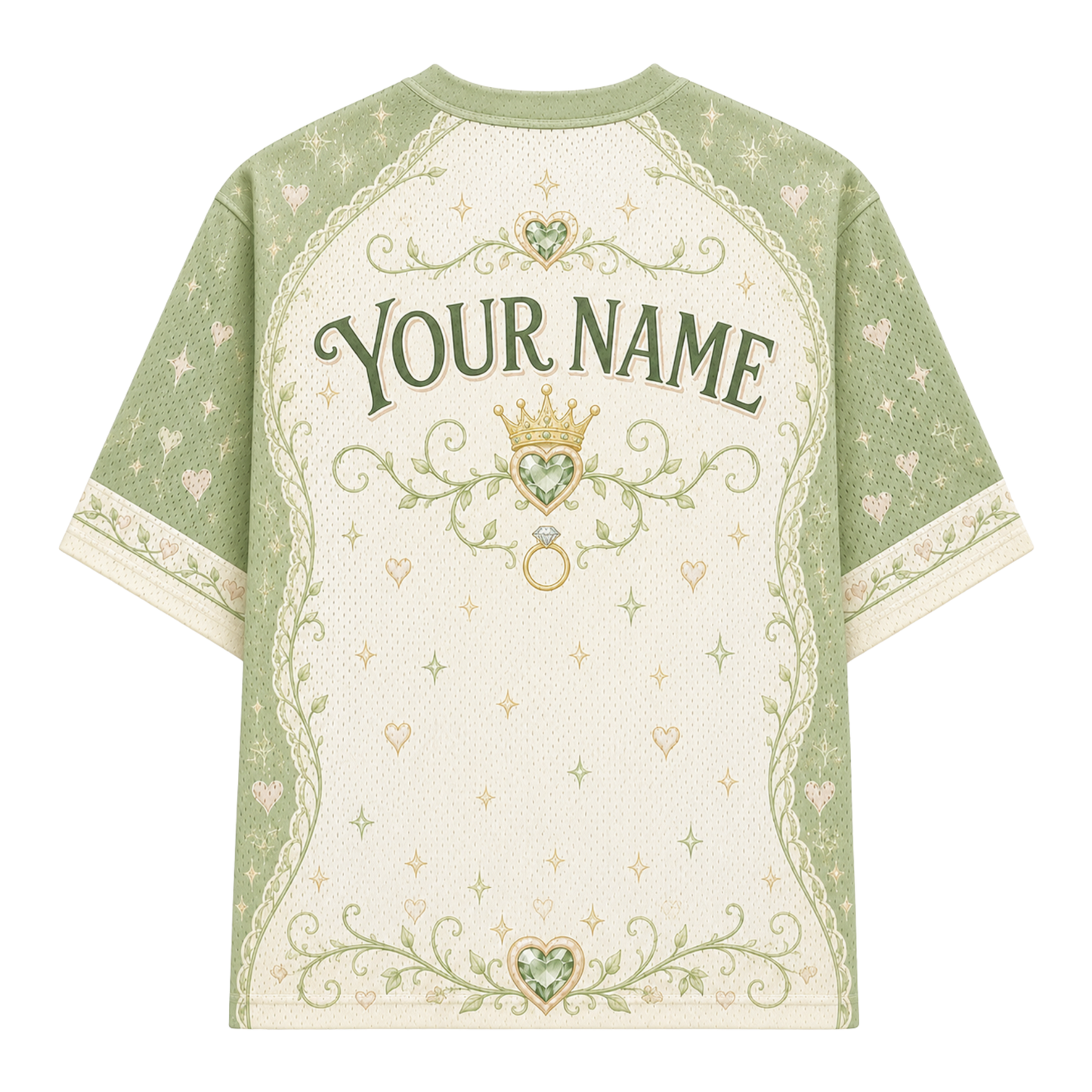 A short-sleeve t-shirt with a custom print area on the back, featuring a sage green and cream color scheme with a crown, ring, and floral scroll designs, and the text 'YOUR NAME'.