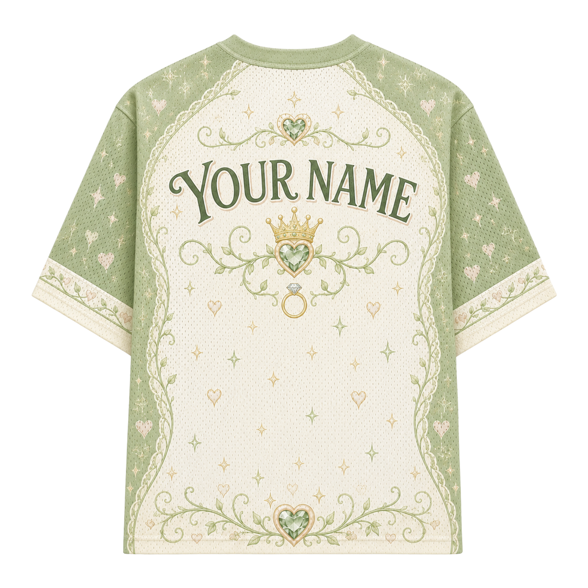 A short-sleeve t-shirt with a custom print area on the back, featuring a sage green and cream color scheme with a crown, ring, and floral scroll designs, and the text 'YOUR NAME'.