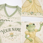 A four-panel collage showing details of a custom princess-themed V-neck t-shirt. The top-left panel shows the light green v-neck collar and inner mesh lining.