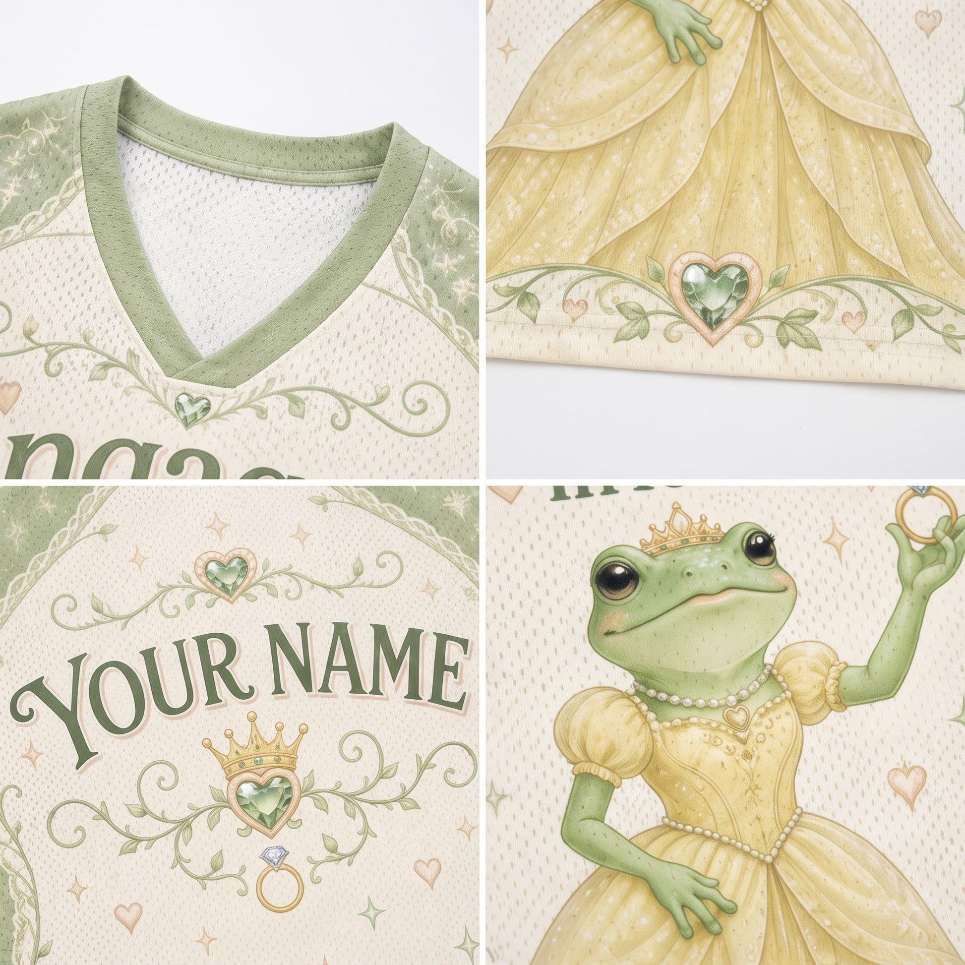 A four-panel collage showing details of a custom princess-themed V-neck t-shirt. The top-left panel shows the light green v-neck collar and inner mesh lining.