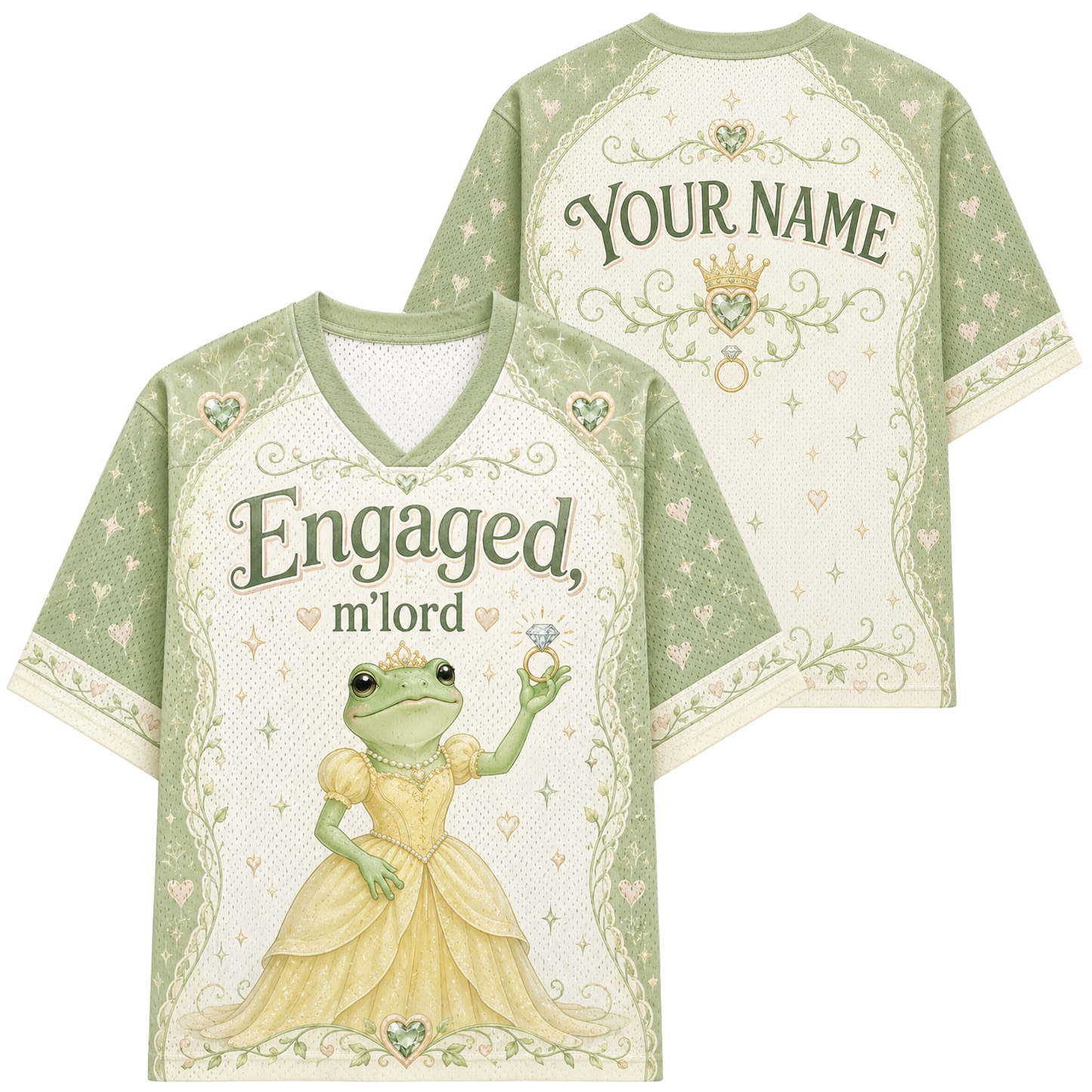 A short-sleeve V-neck t-shirt shown from both front and back. The shirt features a light sage green and cream color scheme with a central illustration of a princess frog holding a diamond ring.