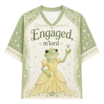A light blue and white short-sleeve V-neck t-shirt with blue line-art illustrations and text celebrating a 'giving wife,' featuring names 'Oliver + Megan,' 'future Mrs. Miller,' and 'est.