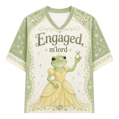 A light blue and white short-sleeve V-neck t-shirt with blue line-art illustrations and text celebrating a 'giving wife,' featuring names 'Oliver + Megan,' 'future Mrs. Miller,' and 'est.