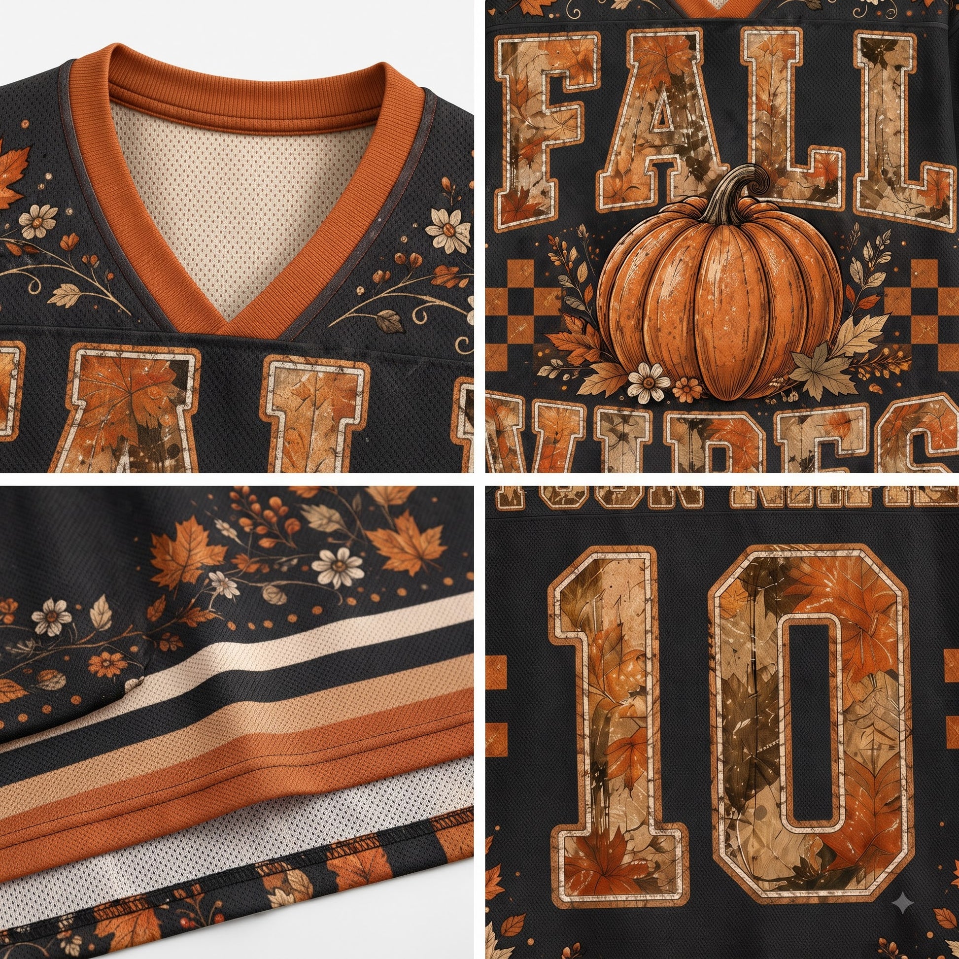 A four-panel close-up collage of a football-style jersey with an autumn theme. The jersey has a black base with orange ribbed trim, a pumpkin graphic, floral and leaf print details, and large numbers outlined in tan.