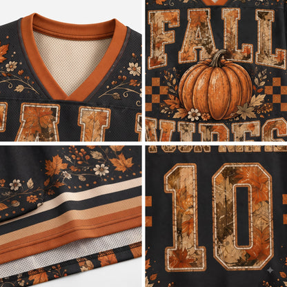 A four-panel close-up collage of a football-style jersey with an autumn theme. The jersey has a black base with orange ribbed trim, a pumpkin graphic, floral and leaf print details, and large numbers outlined in tan.