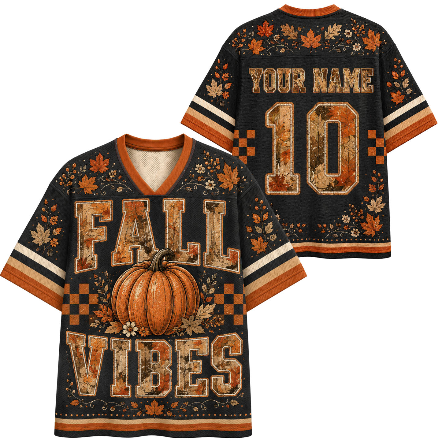 A black short-sleeve V-neck jersey-style shirt shown from the front and back, decorated with autumn fall leaves, a pumpkin graphic, checkered orange accents, and distressed text reading 'FALL VIBES' on the front. The back shows 'YOUR NAME' and a large number '10'.