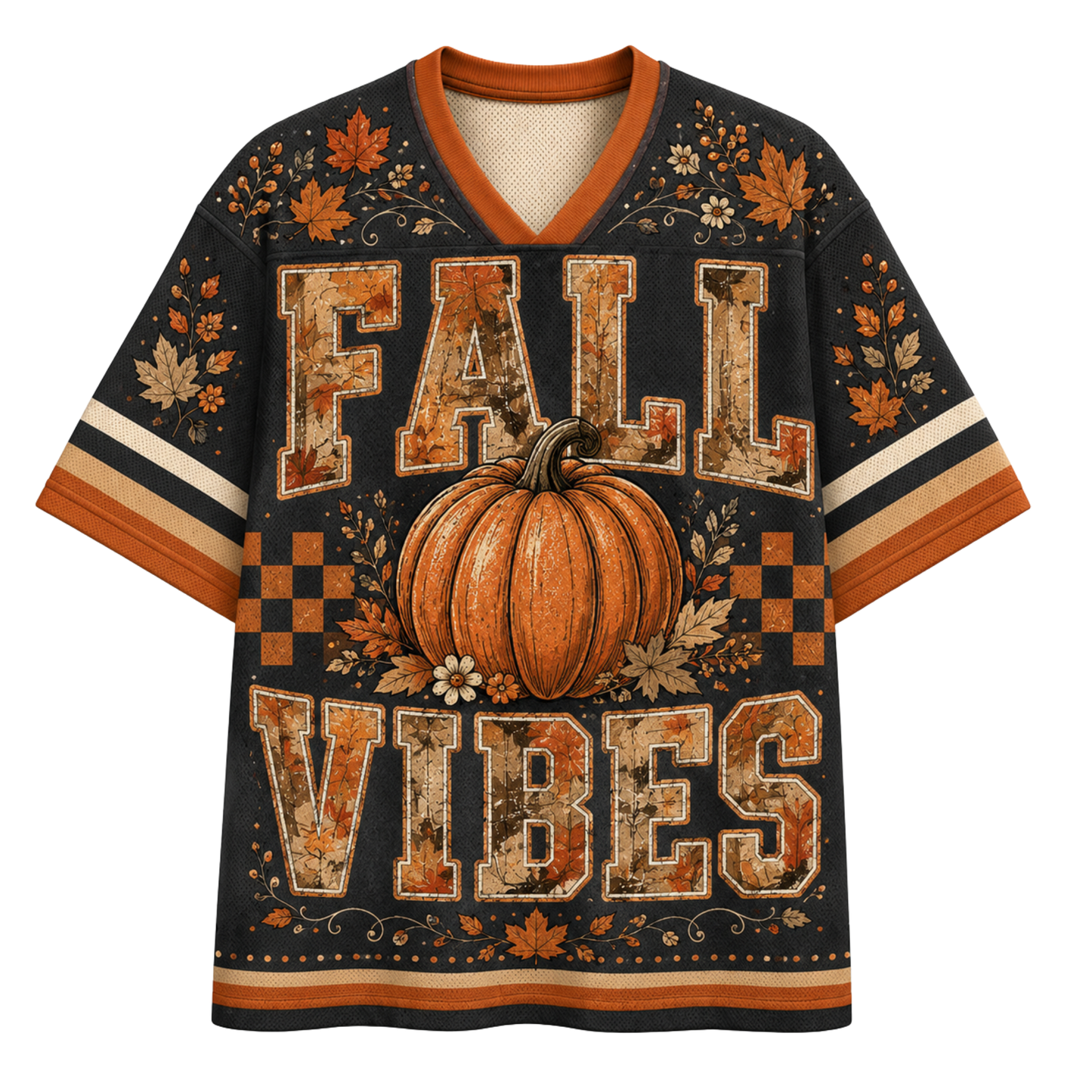 A short-sleeve V-neck t-shirt with a fall-themed graphic print. The shirt features a large orange pumpkin in the center, surrounded by the words 'FALL VIBES' in a distressed, rustic orange and beige font.