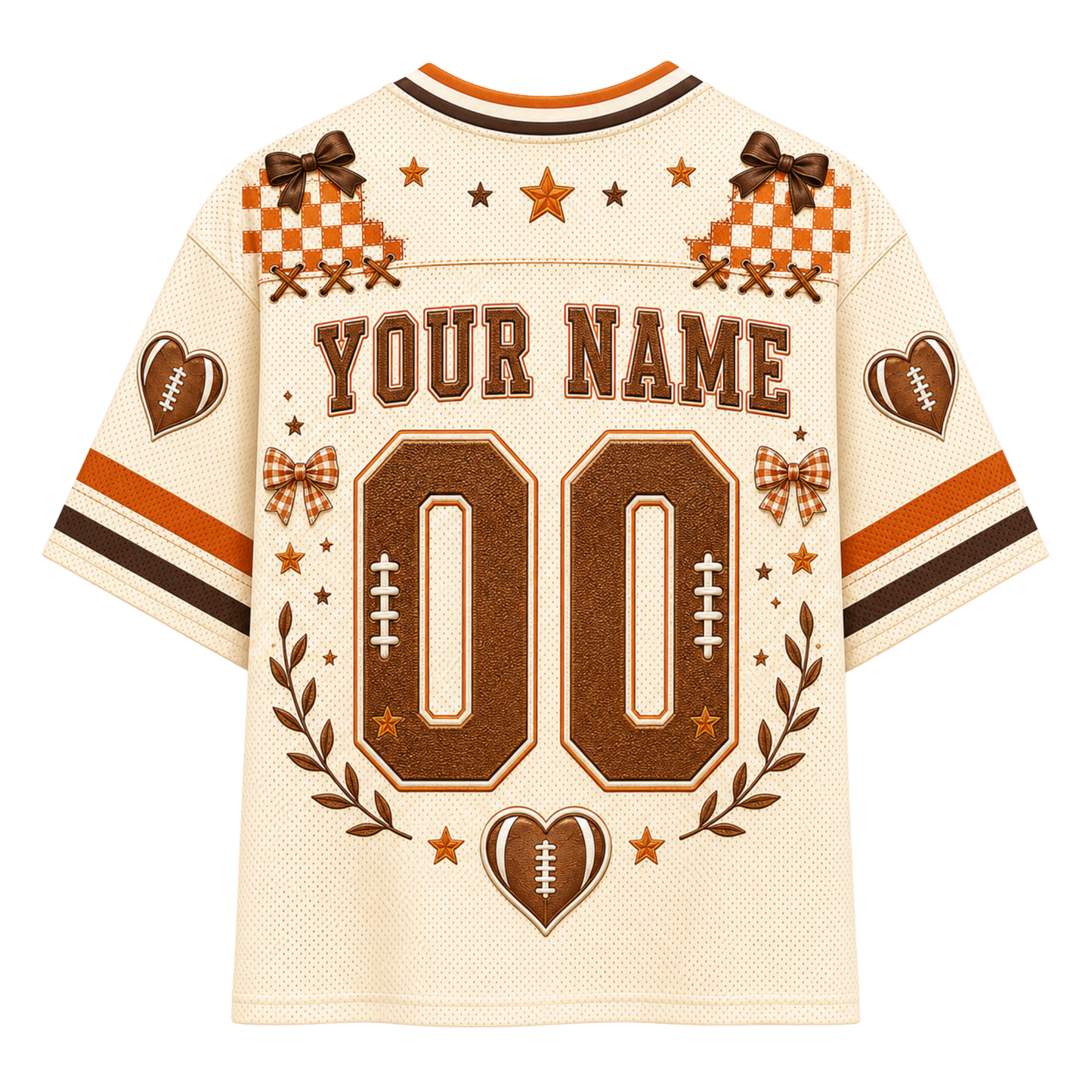 Customizable football jersey back view with 'YOUR NAME' and number '00' in brown, decorated with stars, checkered patches, heart and football motifs on an off-white mesh fabric.