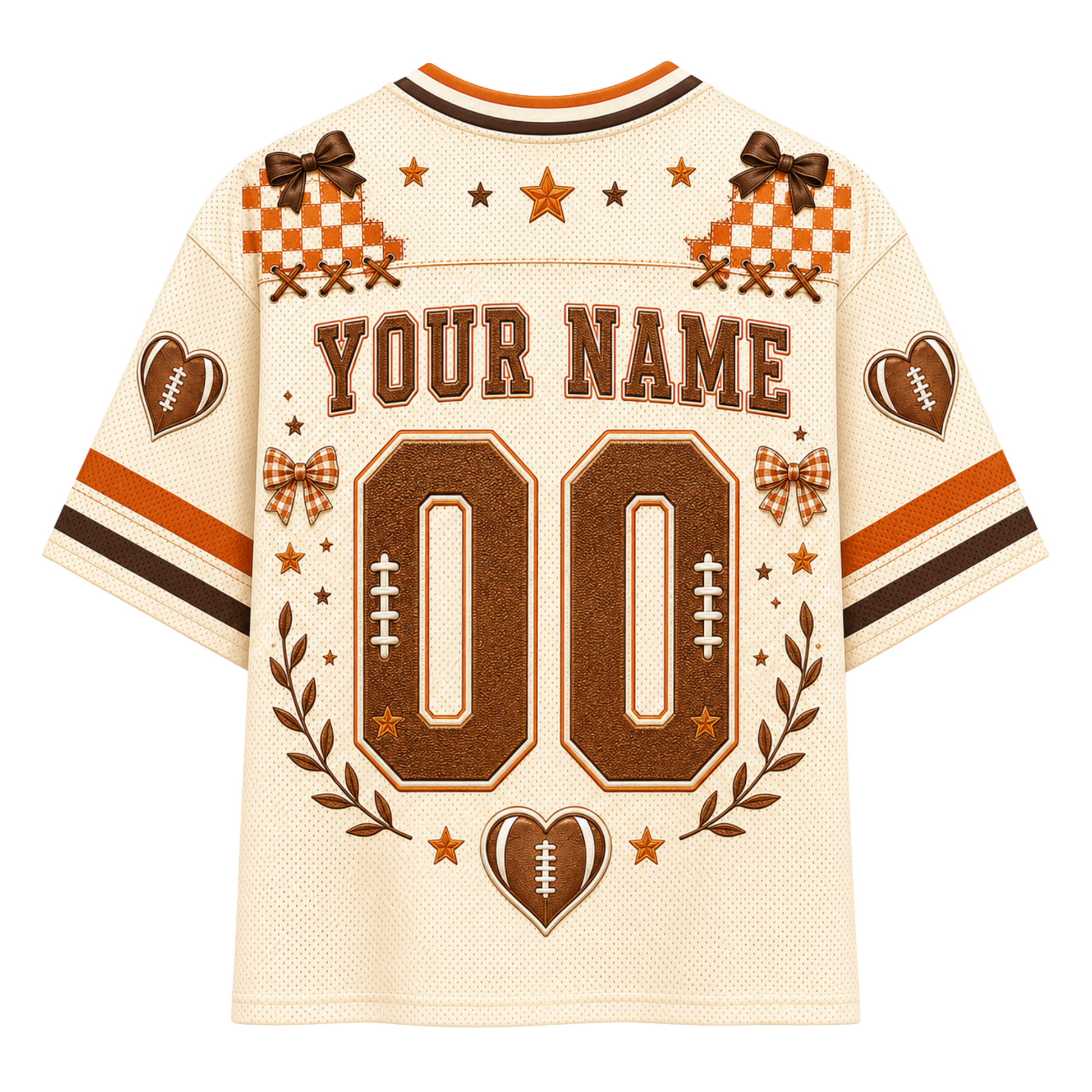Customizable football jersey back view with 'YOUR NAME' and number '00' in brown, decorated with stars, checkered patches, heart and football motifs on an off-white mesh fabric.