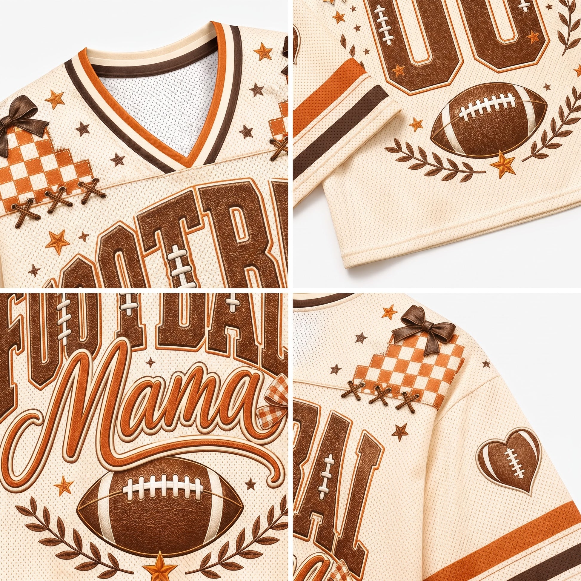 A cream-colored football-themed jersey collage showing multiple close-up views. The design features brown and orange graphics, including the words 'Football Mama,' large lettering, a football motif, stars, laurel leaves, and checkered bow details.