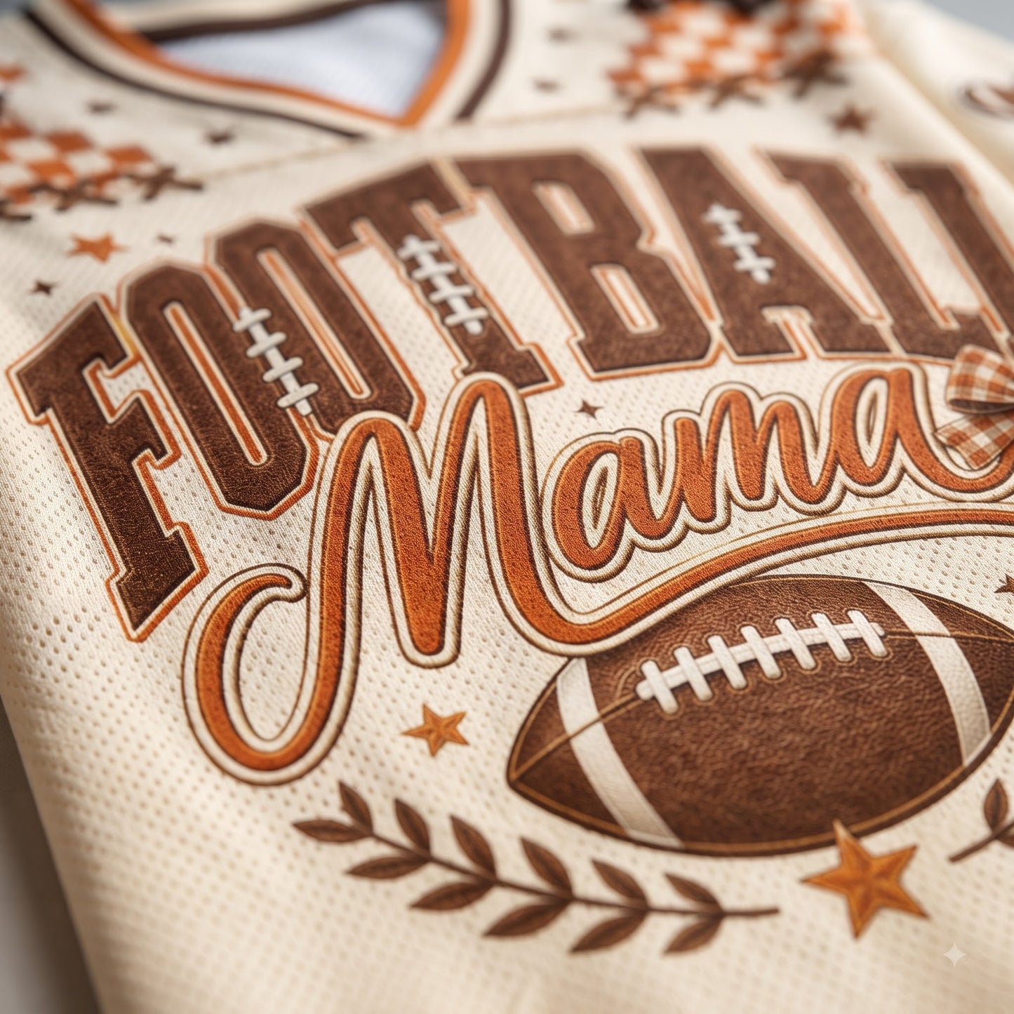 Close-up of a cream-colored athletic jersey with a 'Football Mama' graphic in brown and orange, featuring a football and star details.