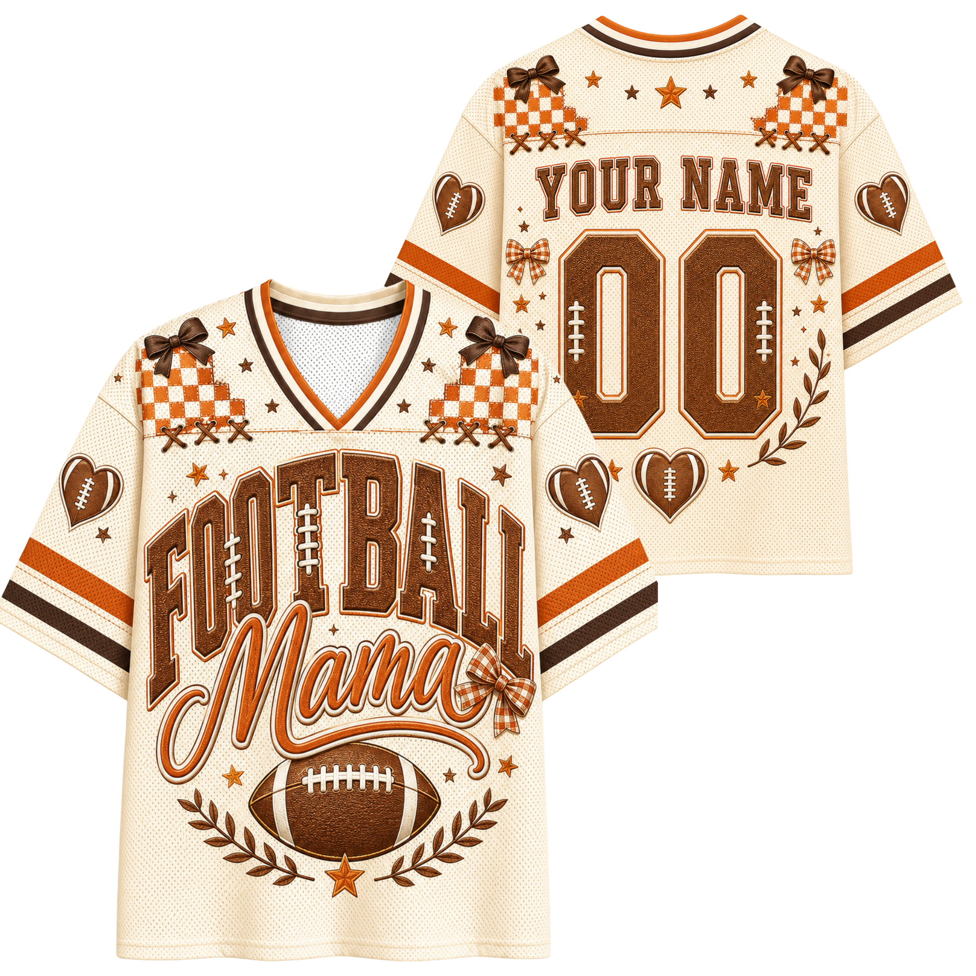 Front and back views of a customizable football-themed jersey. The jersey has a cream mesh body with brown and orange graphics, including 'FOOTBALL Mama' on the front, 'YOUR NAME' and '00' on the back, checkered patterns, hearts, stars, and laurel wreaths.