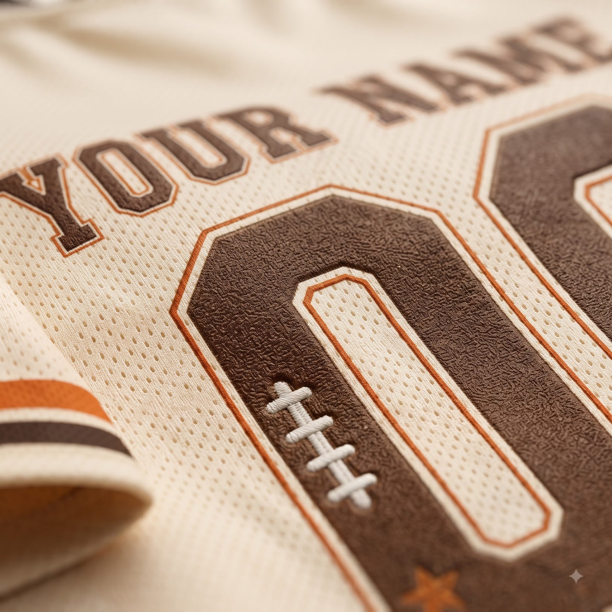 Close-up of a custom sports jersey featuring a cream-colored mesh fabric with brown and orange athletic lettering and numbers, including a football patch detail.