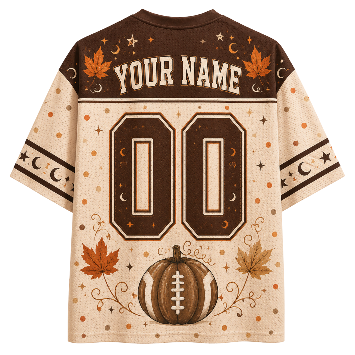 A custom athletic-style jersey shirt shown from the back, featuring a cream and brown color scheme with autumn-themed graphics including a pumpkin, maple leaves, stars, moons, and the text 'YOUR NAME' and '00'.