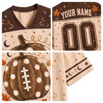 A 2x2 collage showing a custom football-style jersey design. The top-left panel shows the V-neck collar and upper chest with a brown and beige pattern of stars, moons, and autumn leaves.