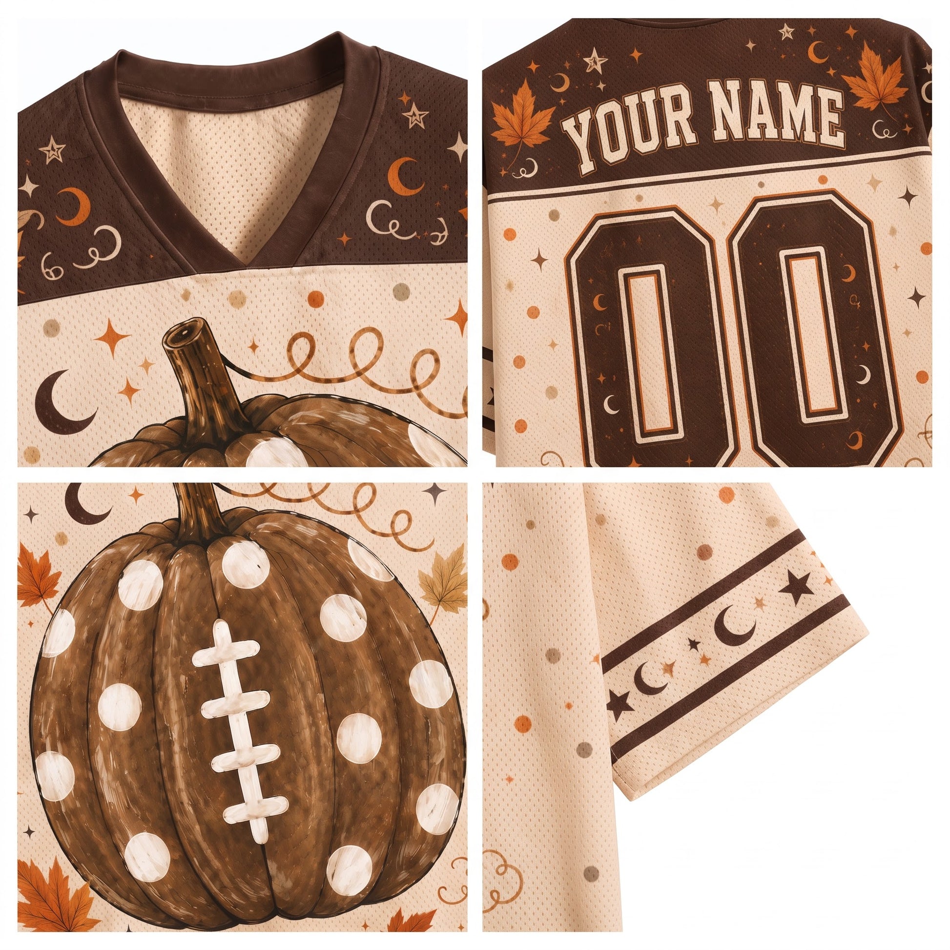 A 2x2 collage showing a custom football-style jersey design. The top-left panel shows the V-neck collar and upper chest with a brown and beige pattern of stars, moons, and autumn leaves.