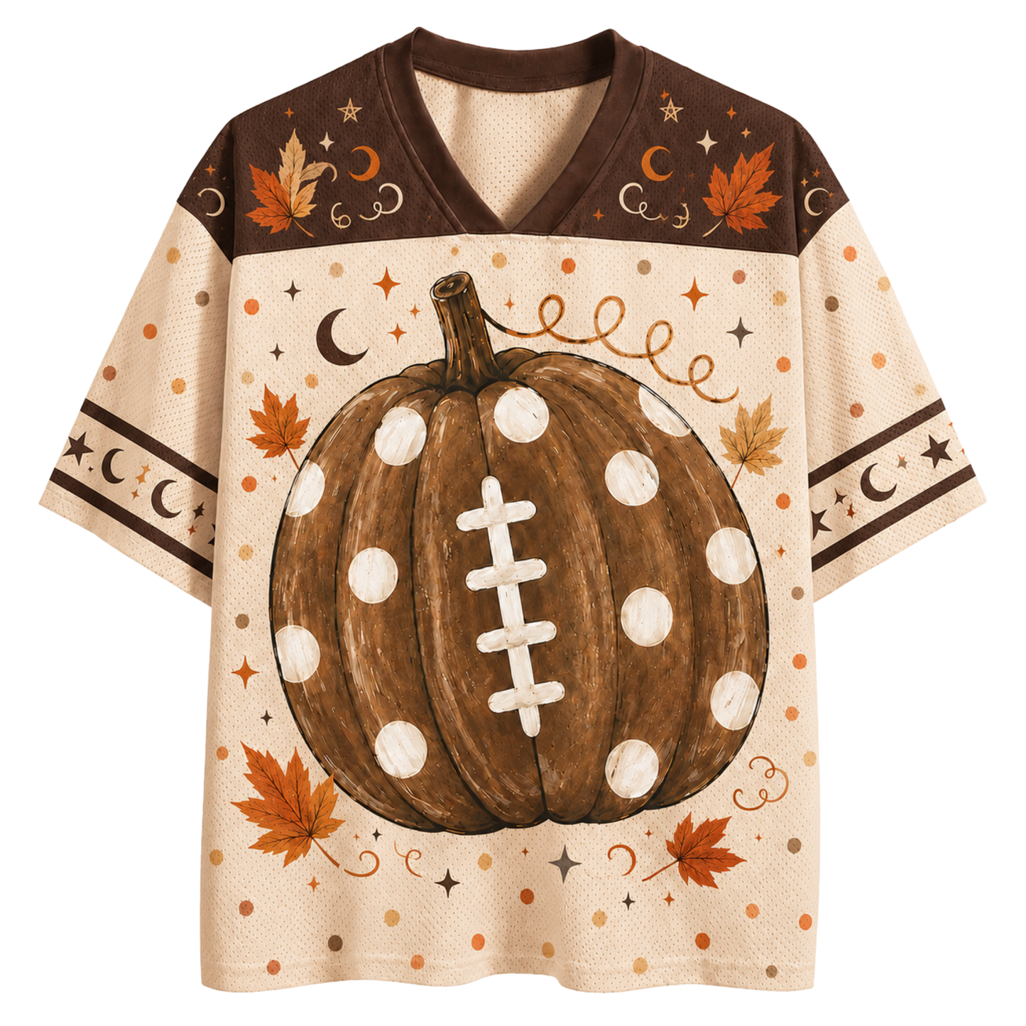 A cream-colored football-themed mock jersey with 'FOOTBALL Mama' printed in brown and orange lettering, decorated with a football graphic, stars, checkered patterns, and heart details on the sleeves.
