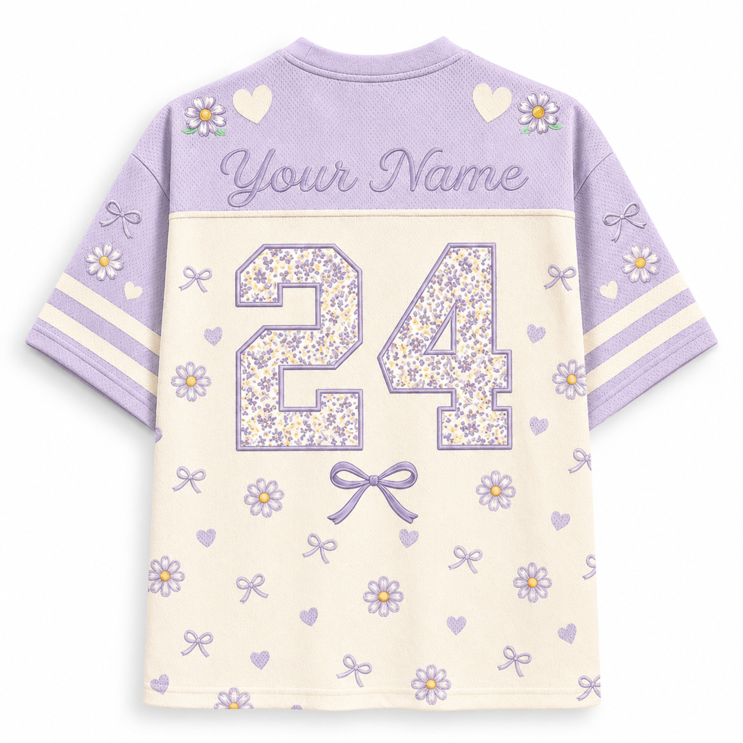 A short-sleeve custom sports jersey shown from the back, featuring a lavender purple upper section with 'Your Name' text and floral heart motifs, and an off-white lower section with a large floral '24' and lavender bows and hearts.