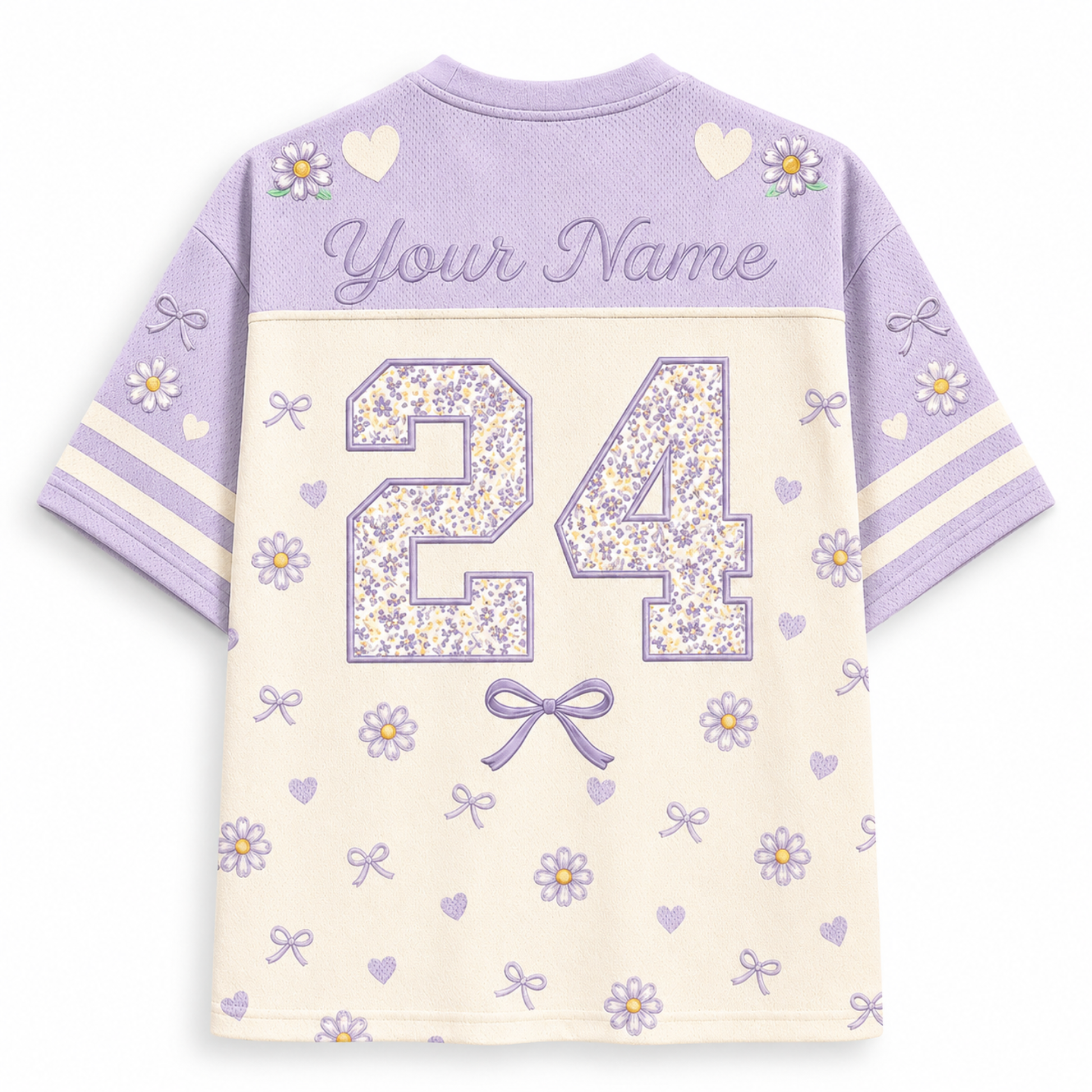 A short-sleeve custom sports jersey shown from the back, featuring a lavender purple upper section with 'Your Name' text and floral heart motifs, and an off-white lower section with a large floral '24' and lavender bows and hearts.