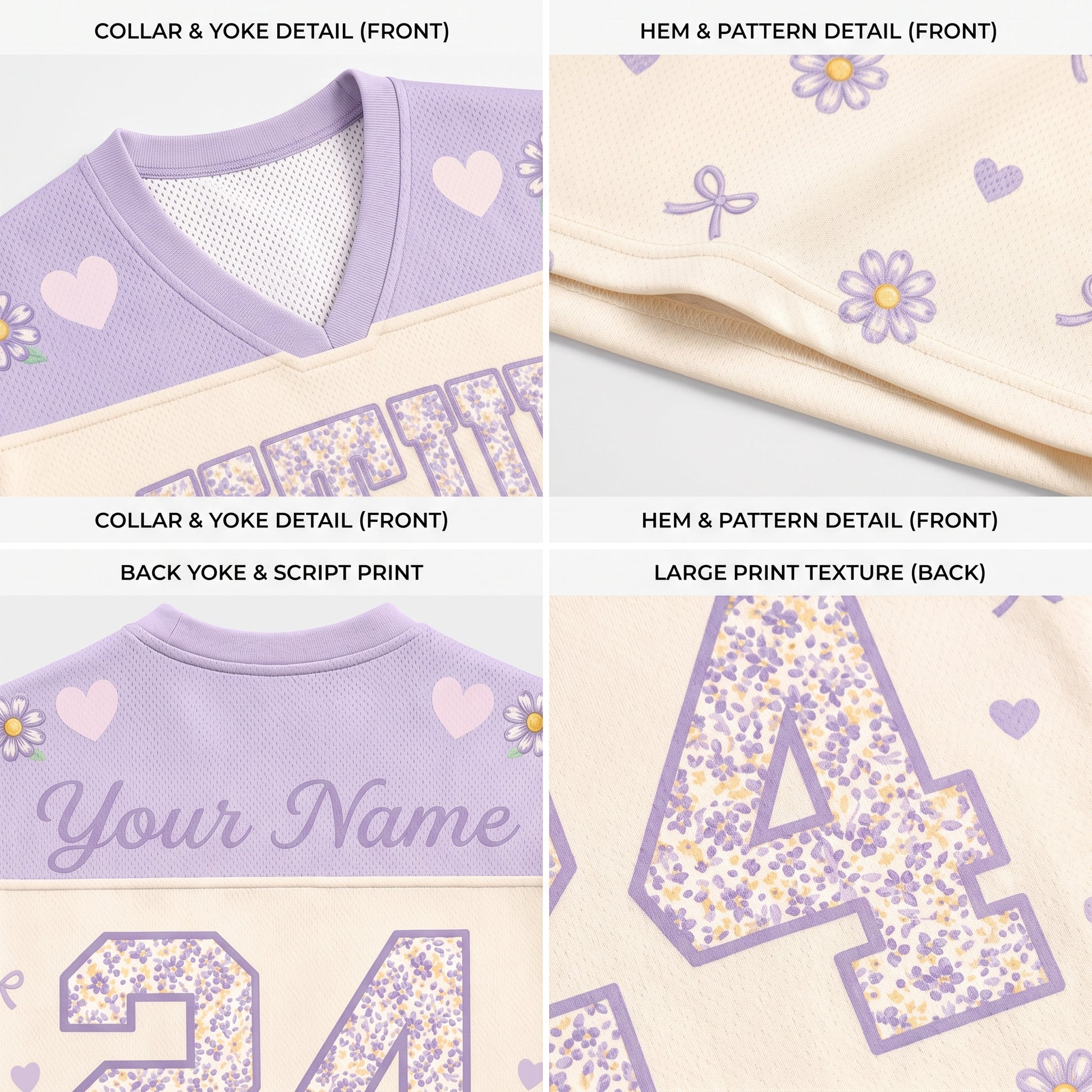 Four-panel close-up collage showing details of a custom printed top: collar and yoke detail from the front, hem and pattern detail from the front, back yoke and script print, and a large number 24 print texture on the back. The garment has a lavender-purple and cream color scheme with floral and heart motifs.