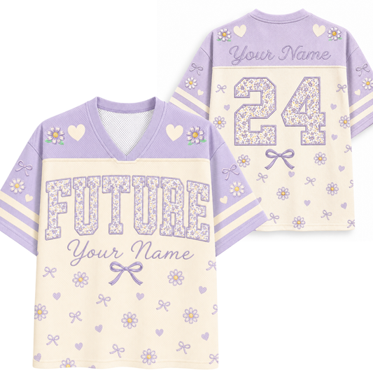 A custom football-style shirt shown from the front and back. The shirt features a lavender purple and cream color scheme with floral patterns, hearts, bows, and the text 'FUTURE', 'Your Name', and the number '24'.