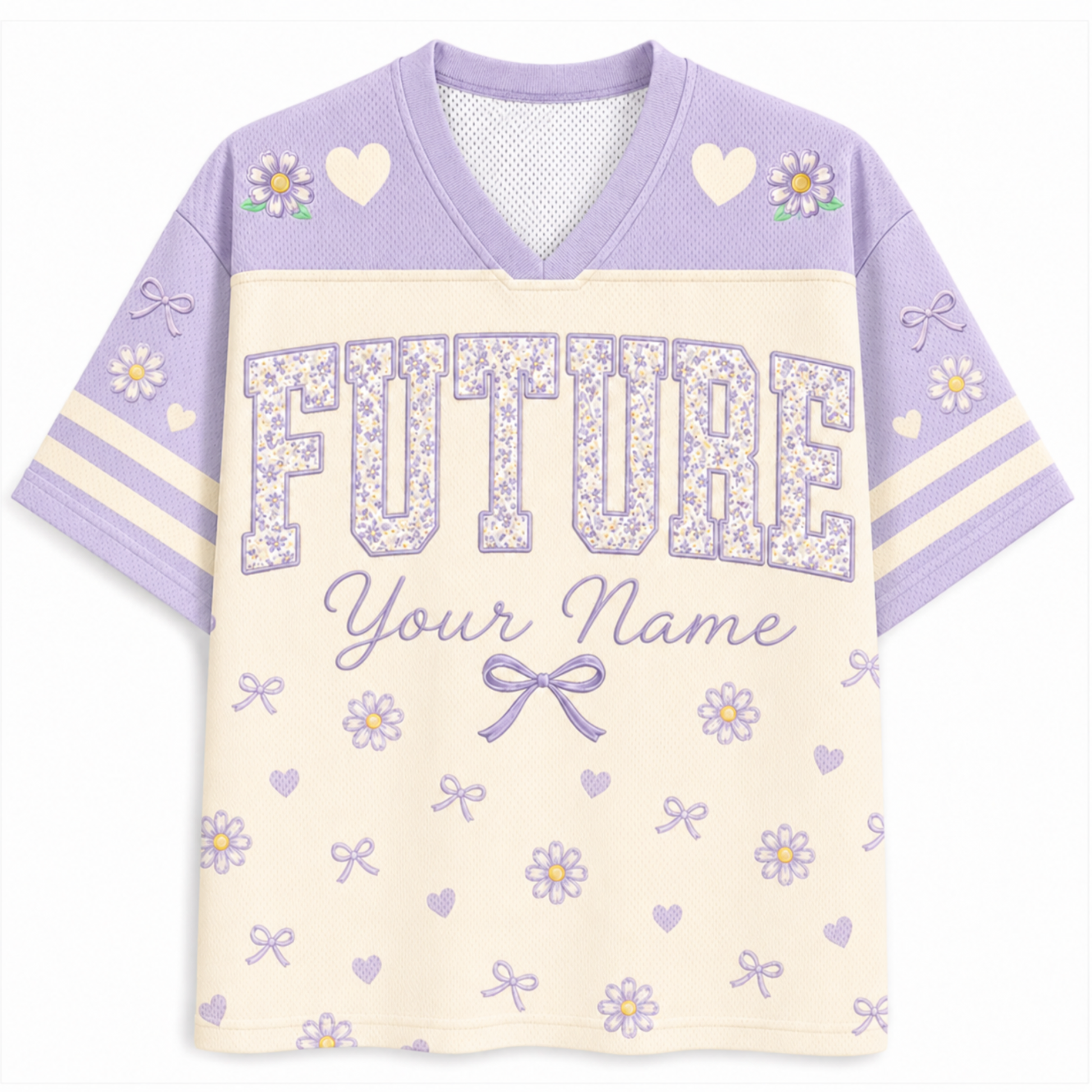 A short-sleeve V-neck athletic-style shirt in lavender and cream, featuring floral and heart motifs, striped sleeves, and the word 'FUTURE' with the text 'Your Name' on the front.