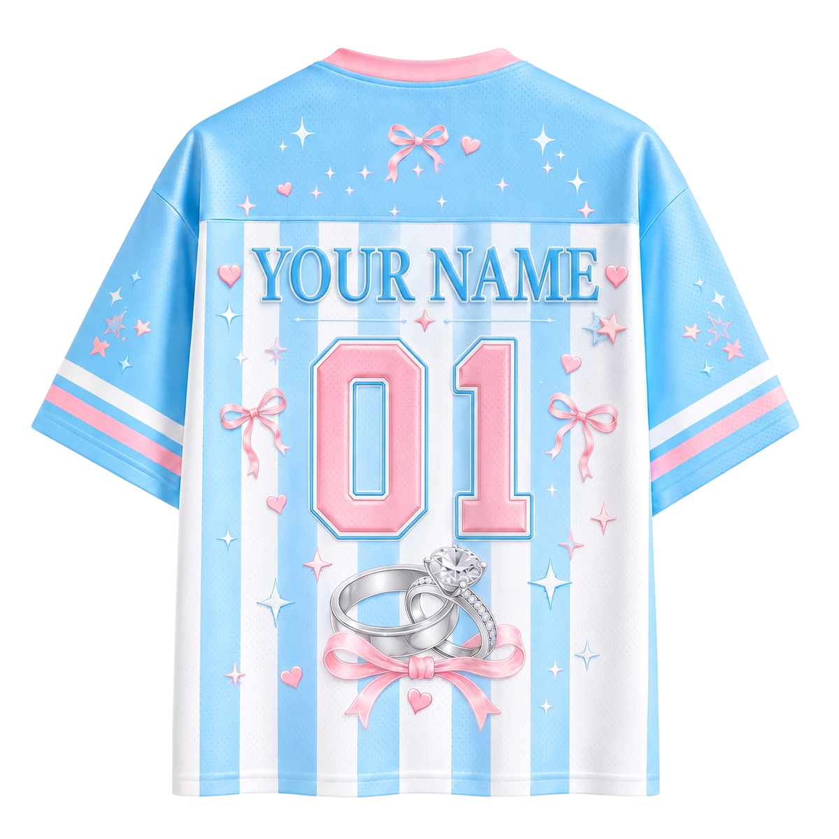 Customizable short-sleeve t-shirt shown from the back, featuring a light blue and white vertical stripe pattern with pink accents, including bows, hearts, stars, and a ring graphic. The back has a large customizable text area reading 'YOUR NAME' and a large number '01'.