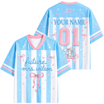 Customizable light blue and white striped short-sleeve t-shirt with pink accents, shown in front and back views. Features 'future Mrs.