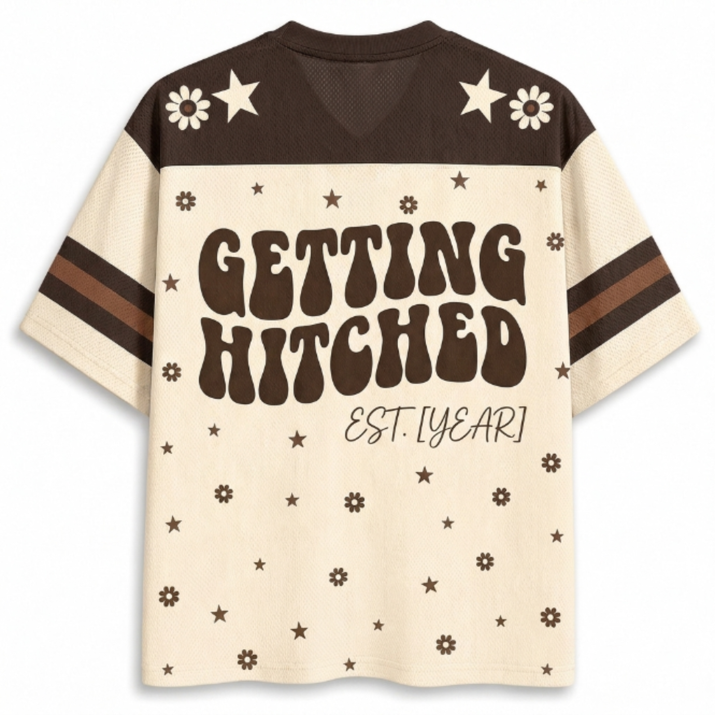 A retro-style short-sleeve t-shirt with a cream and dark brown color-blocked design. The back features the text 'GETTING HITCHED EST.