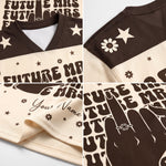 A close-up collage of a brown and cream mesh sports jersey showing printed graphics, including 'FUTURE MRS.', stars, flowers, script text, and a ring graphic.