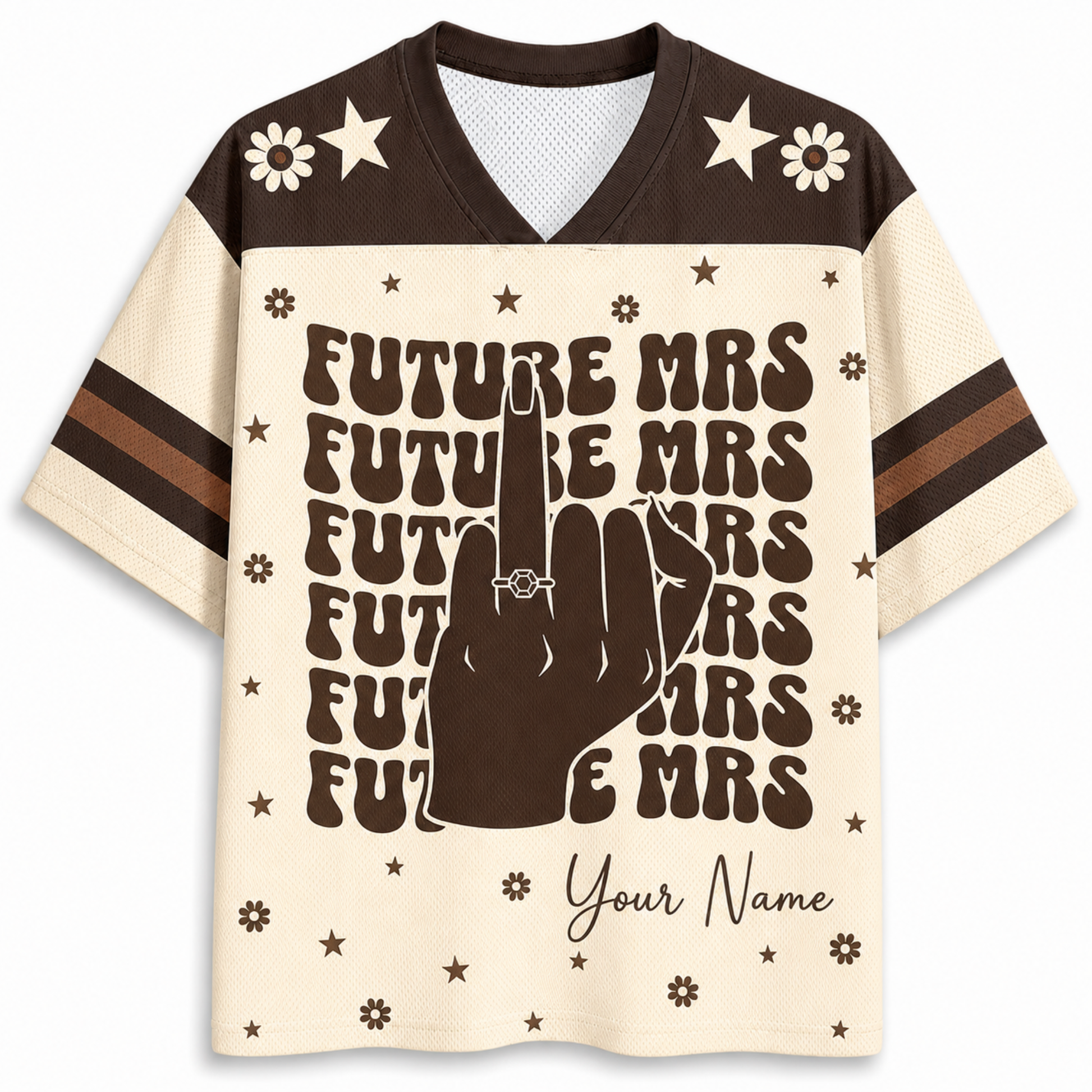 A short-sleeve V-neck t-shirt with a cream and dark brown color-blocked design. The front features a large graphic of a hand making a peace sign with the ring finger raised, surrounded by the text 'FUTURE MRS' repeated in a retro font, with 'Your Name' written at the bottom.