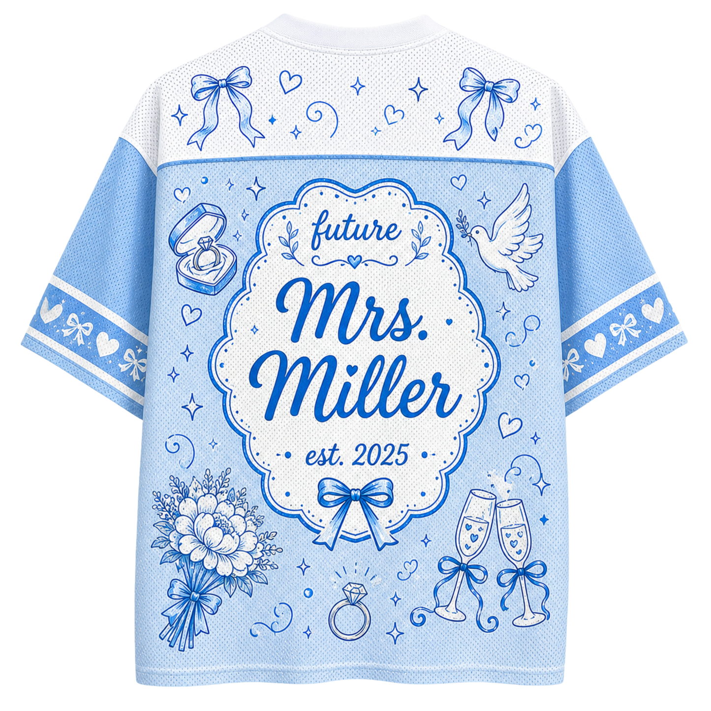 A light blue and white short-sleeve t-shirt shown from the back, featuring a 'future Mrs. Miller est.