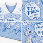 A collage showing close-up views of a light blue and white printed sports jersey or shirt fabric, with decorative text such as 'future Mrs. Miller est.