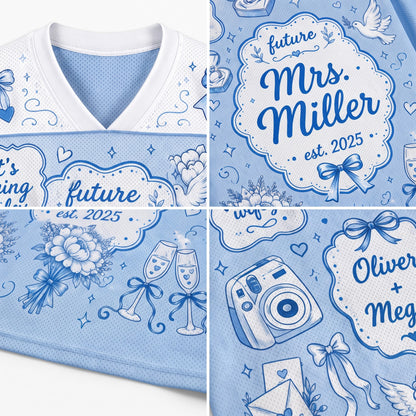A collage showing close-up views of a light blue and white printed sports jersey or shirt fabric, with decorative text such as 'future Mrs. Miller est.