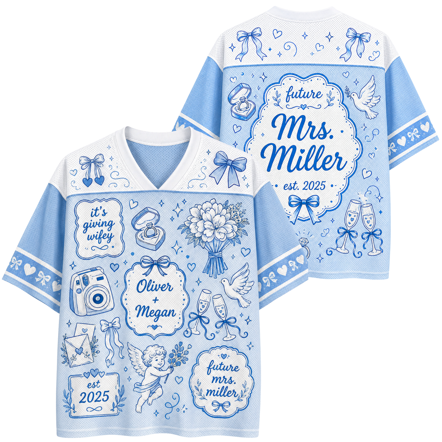 A light blue and white short-sleeve V-neck t-shirt shown from both front and back, decorated with blue wedding-themed illustrations and customizable text including 'future Mrs. Miller', 'Oliver + Megan', and 'it's giving wife'.