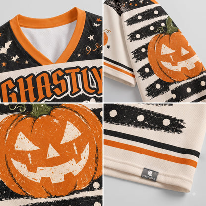 A four-panel close-up collage of a Halloween-themed V-neck jersey. The top-left panel shows the chest area with 'CHAOS' in orange and black outlined letters on a black background with white stars.
