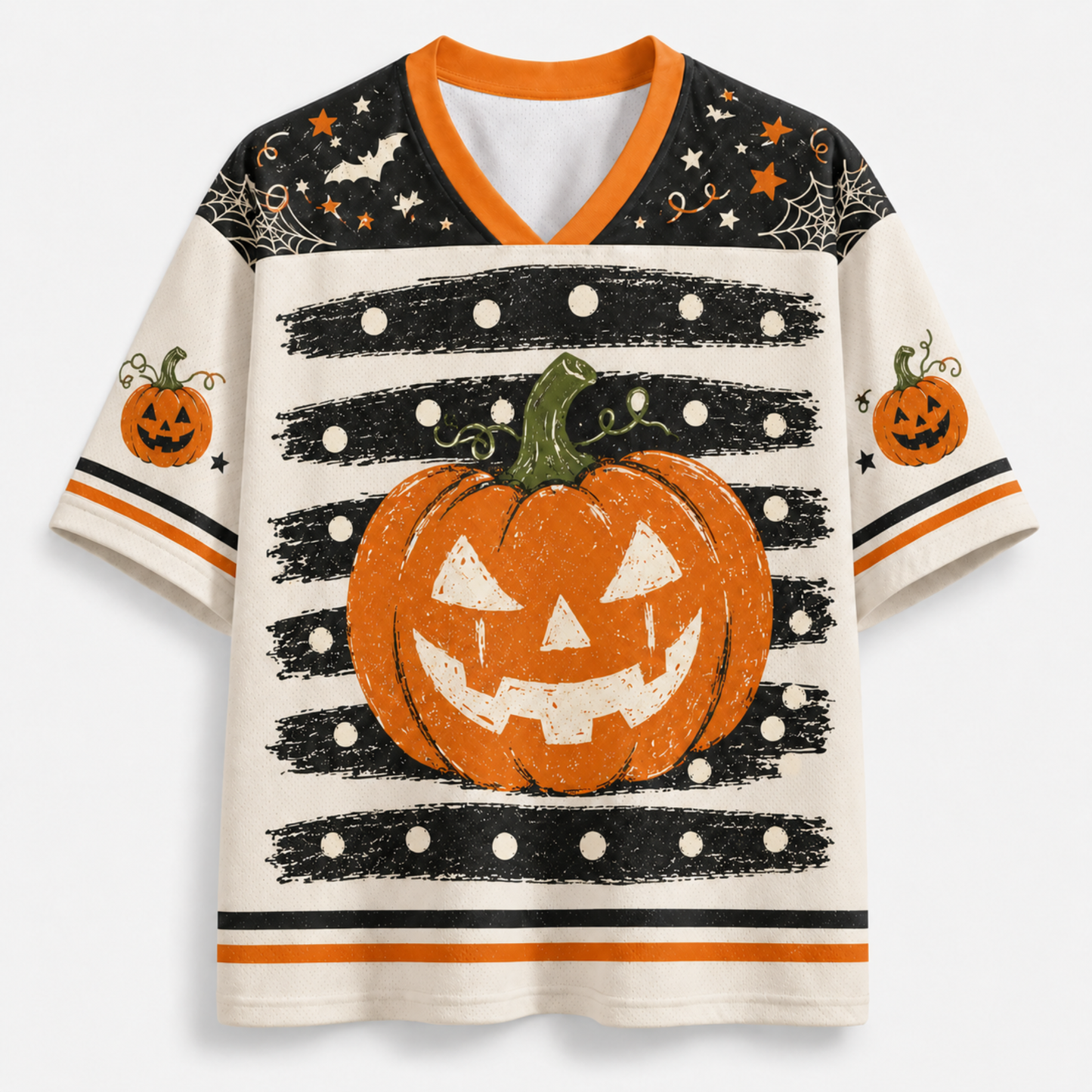A short-sleeve V-neck t-shirt with a Halloween theme, featuring a large orange jack-o'-lantern graphic on the front, black and orange striped patterns, spiderwebs, stars, and bats on the black shoulder panels.