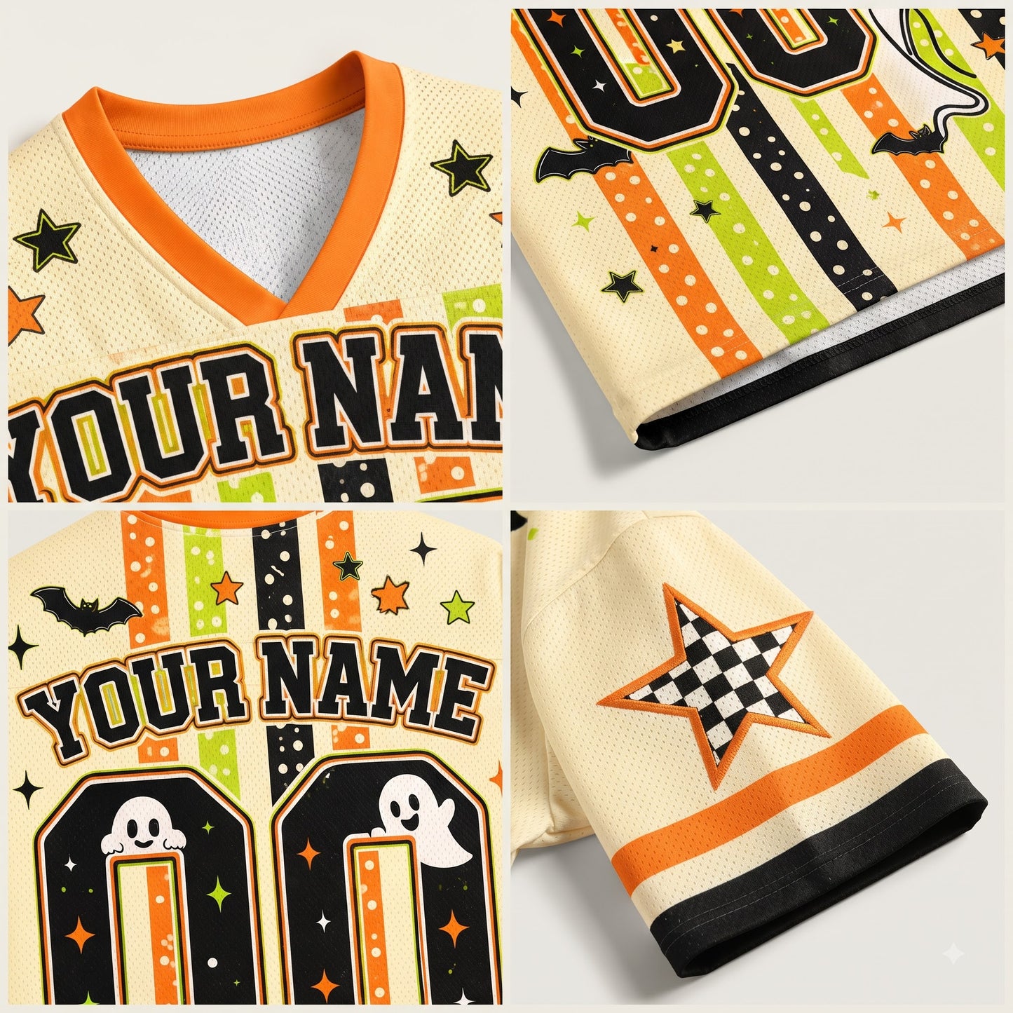 A four-panel product collage showing a customizable hockey-style jersey in a Halloween theme. The jersey has a cream mesh base with orange trim, black and orange striped numbers, ghost graphics, bats, stars, and checkered accents.