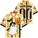 A Halloween-themed custom sports jersey shown from both front and back. The jersey has a cream base with orange, black, and lime green vertical stripes, decorated with cartoon ghosts, bats, stars, checkered patterns, and a jack-o'-lantern.