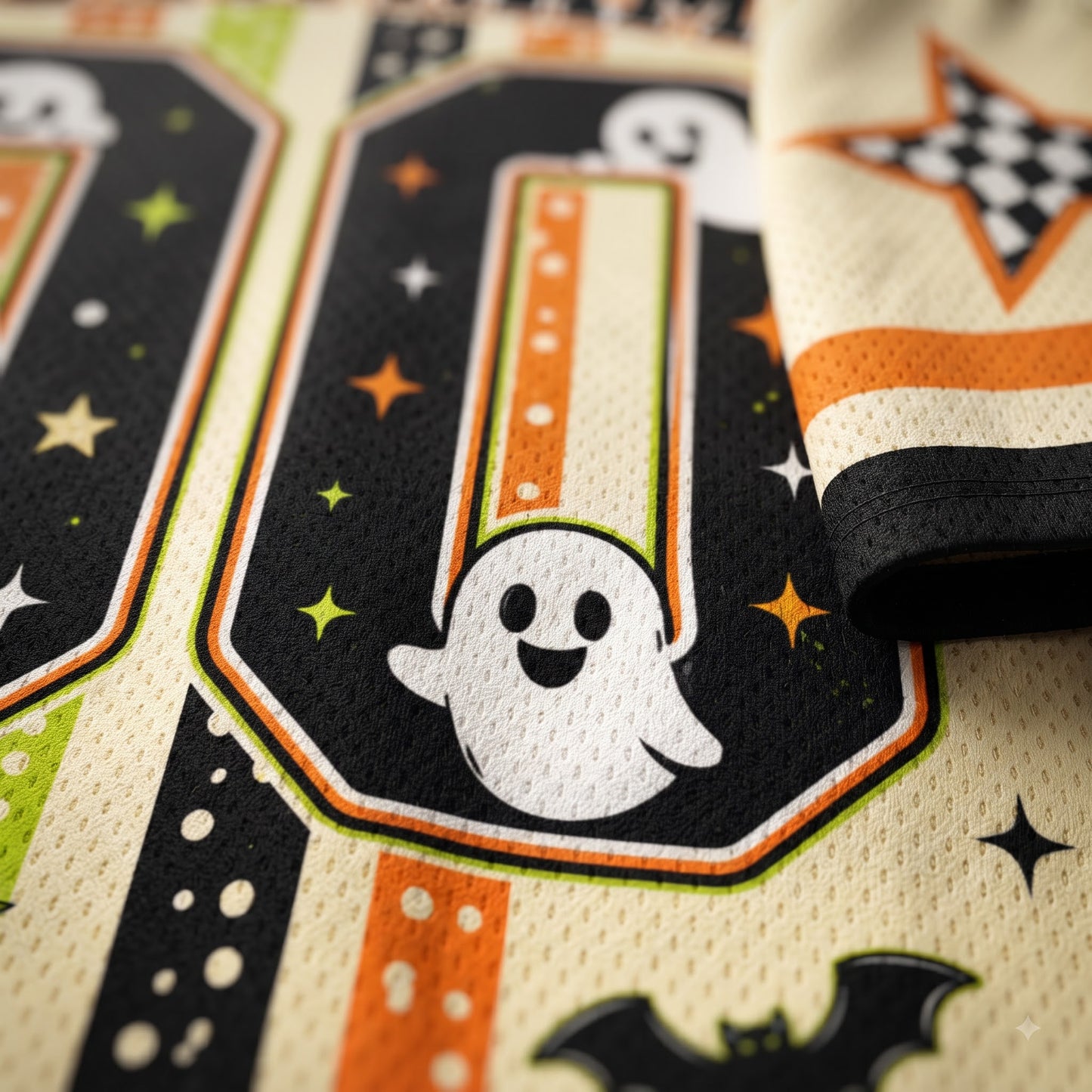 Close-up of a Halloween-themed sports jersey fabric featuring a black number '0' with a white cartoon ghost, orange stars, green accents, and a cream mesh background.