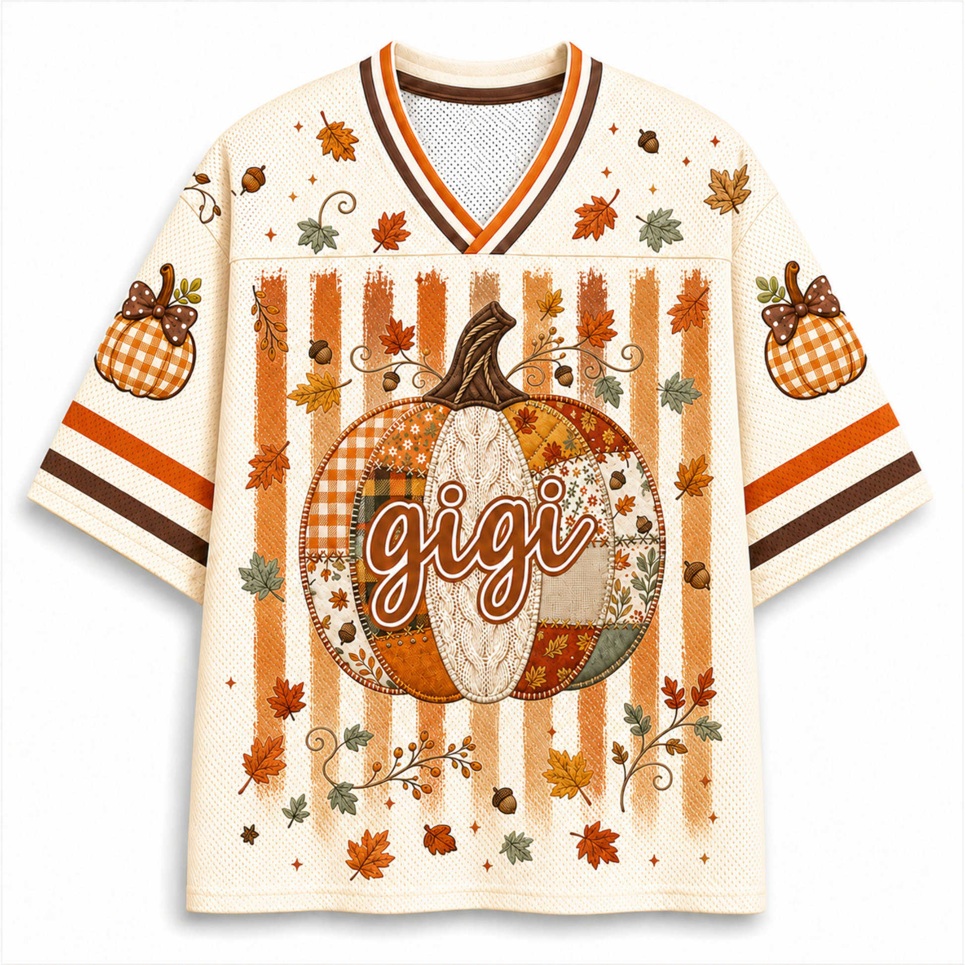 A short-sleeve V-neck athletic-style shirt in cream mesh with a fall theme. The design features a large patchwork pumpkin in the center with the word 'gigi' across it, orange and brown vertical stripes, scattered autumn leaves, acorns, and small pumpkin motifs on the sleeves.