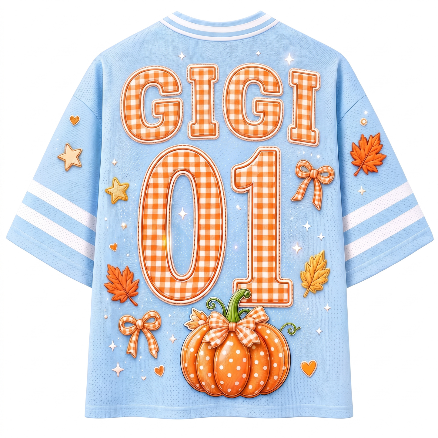 A light blue short-sleeve t-shirt with a back graphic featuring the text 'GIGI 01' in orange gingham, decorated with autumn-themed illustrations including a pumpkin, maple leaves, stars, and bows.