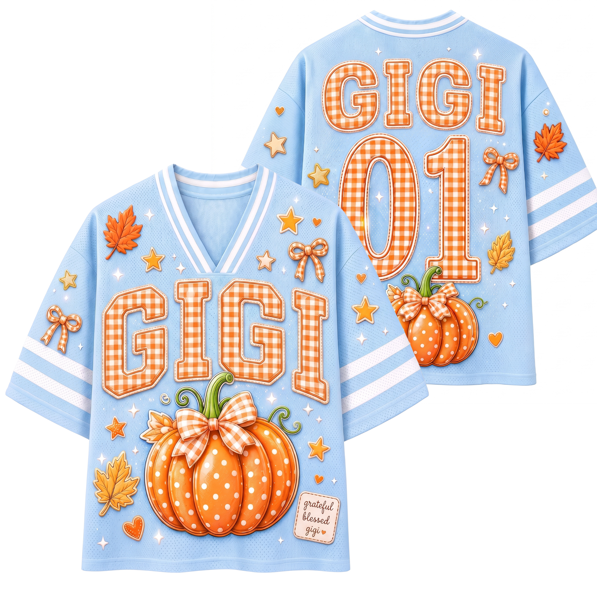 A short-sleeve t-shirt with a large autumn-themed pumpkin graphic on the back. The design features five pumpkins in various patterns (checkered, leopard print, polka dot, plaid) on a cream background, decorated with stars, leaves, and swirls in brown and gold tones.