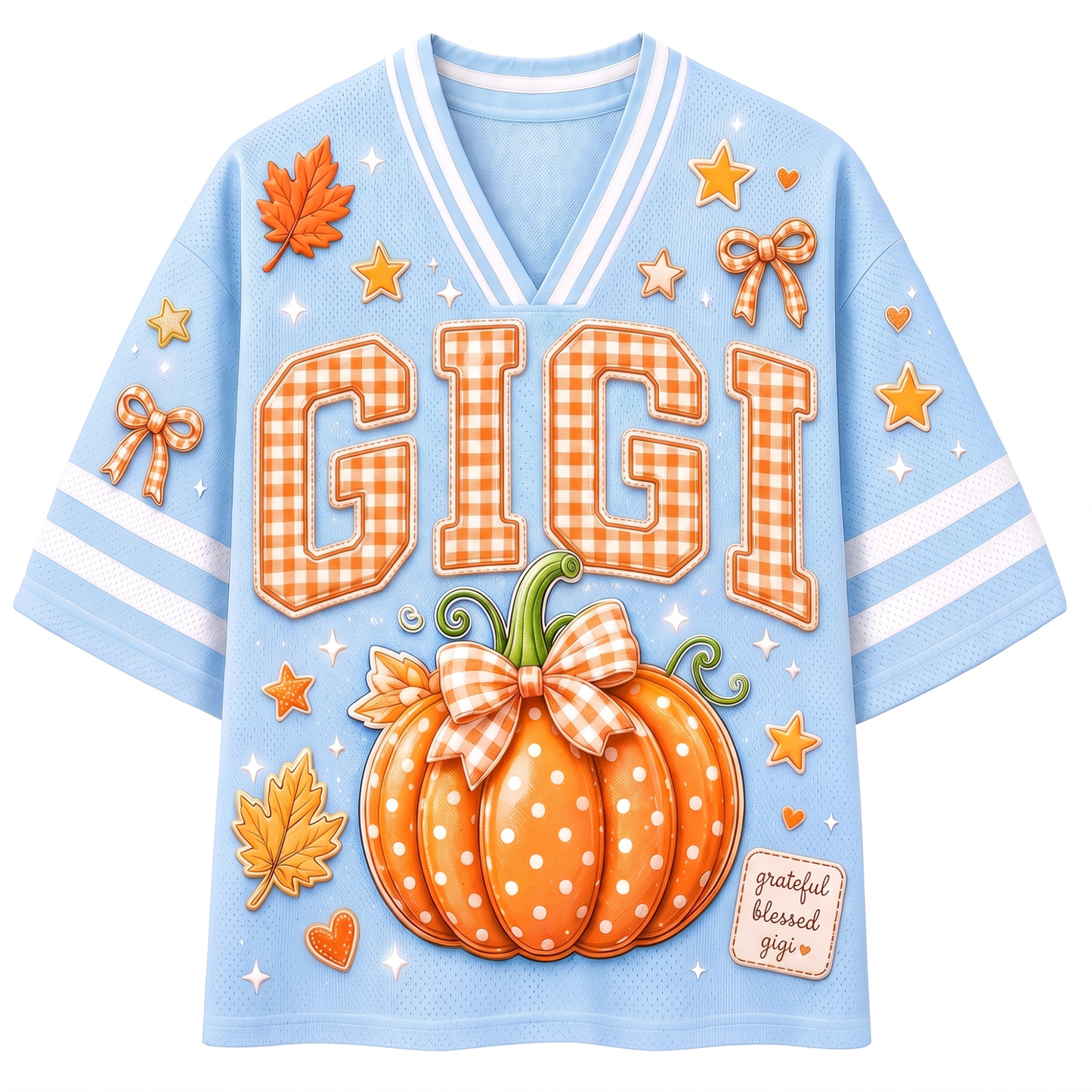 A light blue V-neck short-sleeve shirt with a fall-themed graphic print featuring the name 'GIGI' in orange gingham letters, a large orange pumpkin with white polka dots and an orange bow, orange maple leaves, stars, and small bows on a white background.