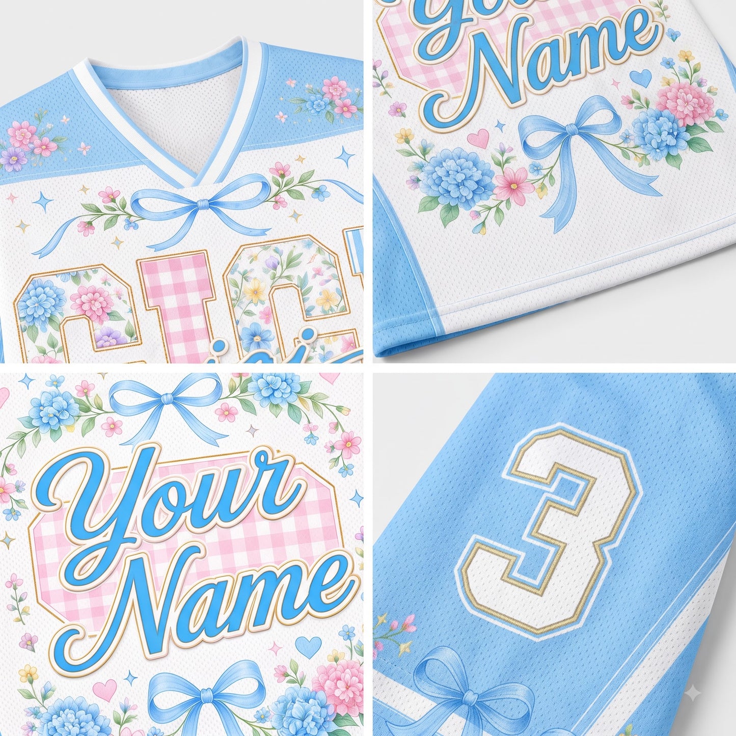 A 2x2 collage showing close-up views of a customizable sports jersey design. The jersey features a light blue and white color scheme with pink gingham accents, blue bows, floral details, and placeholder text reading 'Your Name' and a number '3'.