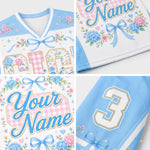 A 2x2 collage showing close-up views of a customizable sports jersey design. The jersey features a light blue and white color scheme with pink gingham accents, blue bows, floral details, and placeholder text reading 'Your Name' and a number '3'.