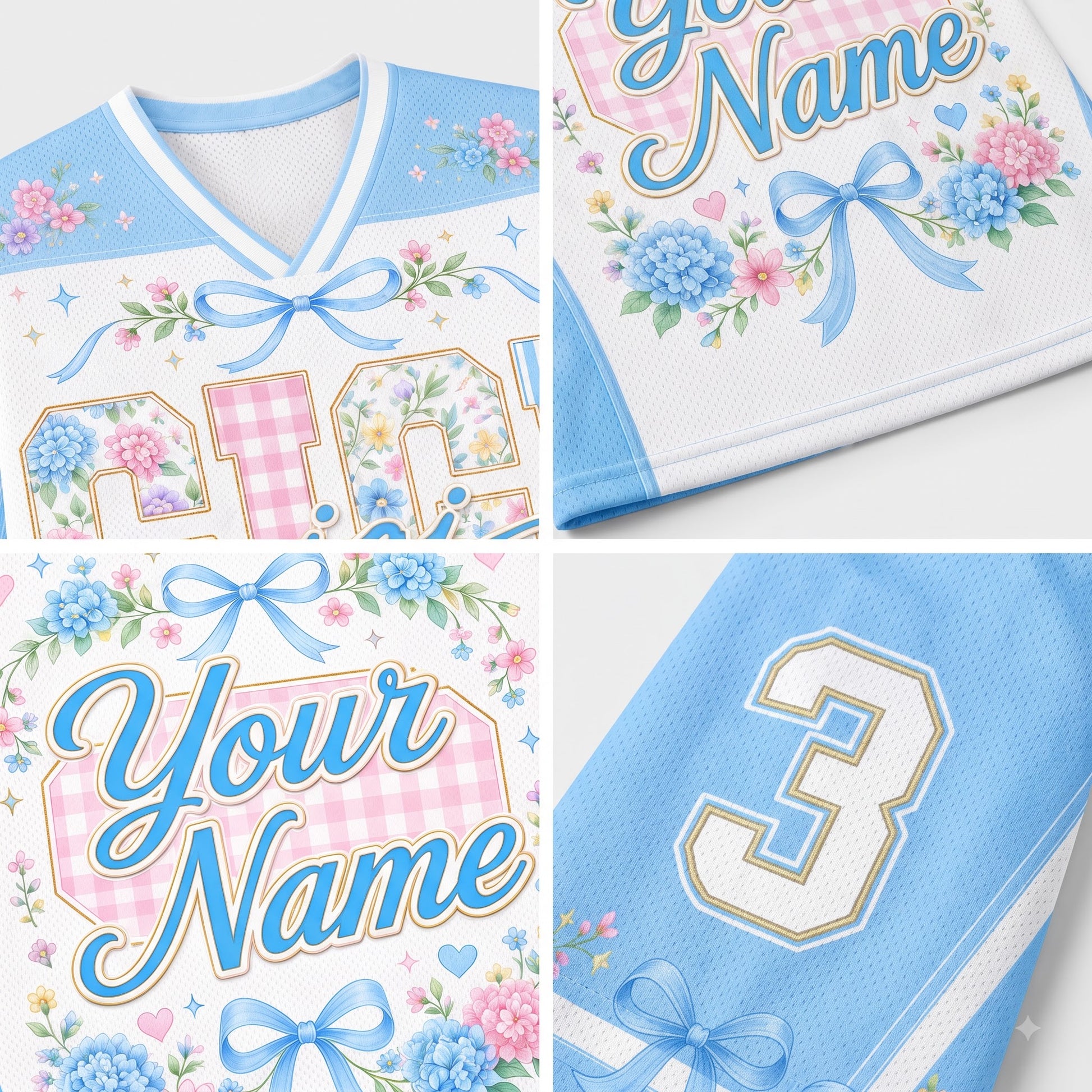 A 2x2 collage showing close-up views of a customizable sports jersey design. The jersey features a light blue and white color scheme with pink gingham accents, blue bows, floral details, and placeholder text reading 'Your Name' and a number '3'.