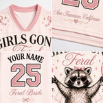 A four-panel close-up collage of a light pink custom sports jersey design. The panels show the V-neck collar, a folded section with 'San Francisco, California' script and a number, a back-style graphic with 'YOUR NAME 25 Feral Bride' text, and a raccoon illustration wearing heart-shaped sunglasses and a veil with the word 'Feral'.