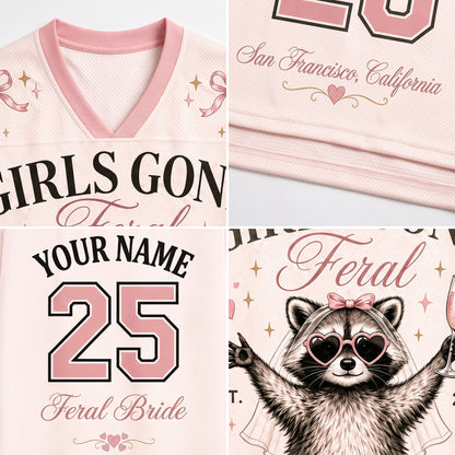 A four-panel close-up collage of a light pink custom sports jersey design. The panels show the V-neck collar, a folded section with 'San Francisco, California' script and a number, a back-style graphic with 'YOUR NAME 25 Feral Bride' text, and a raccoon illustration wearing heart-shaped sunglasses and a veil with the word 'Feral'.
